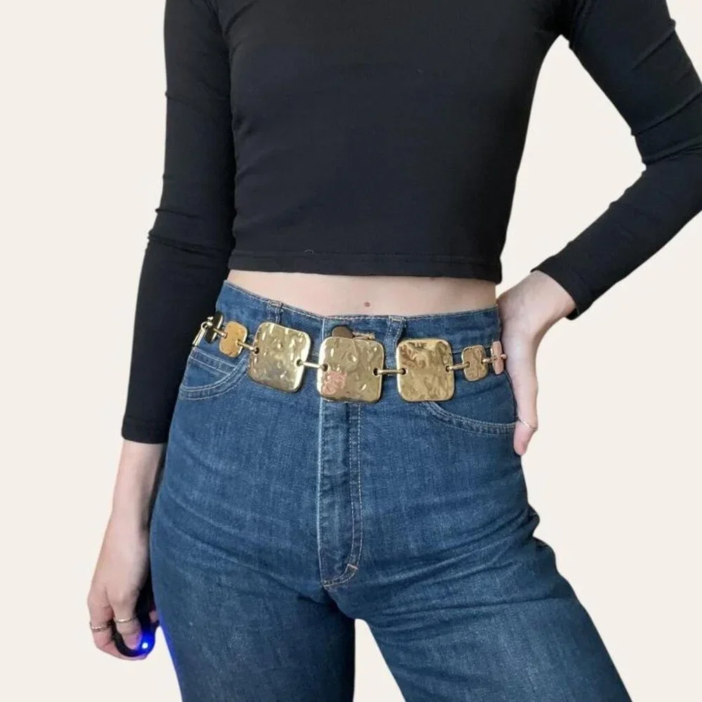 Y2k vintage hammered gold squares chain belt